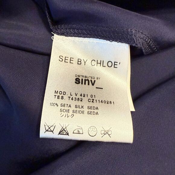 See by Chloe Women’s 100% Silk Empire Waist Cold Shoulder V Neck Dress Blue Sz 6 - Picture 10 of 13